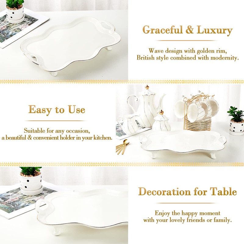 DUJUST Porcelain Serving Tray with Handles, Luxury British Style Coffee