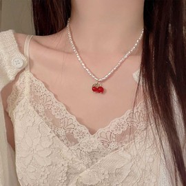 Allereya Vintage Pearl Choker Necklace Red Ruby Strawberry Pendant Necklace Boho Strawberry Necklace Pearl Necklace Jewellery for Women and Girls, Zinc, No Gemstone