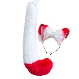 Song Qing Party Cosplay Costume Fox Ears Faux Fur Hair Hoop Headband + Tail Set (White Red)