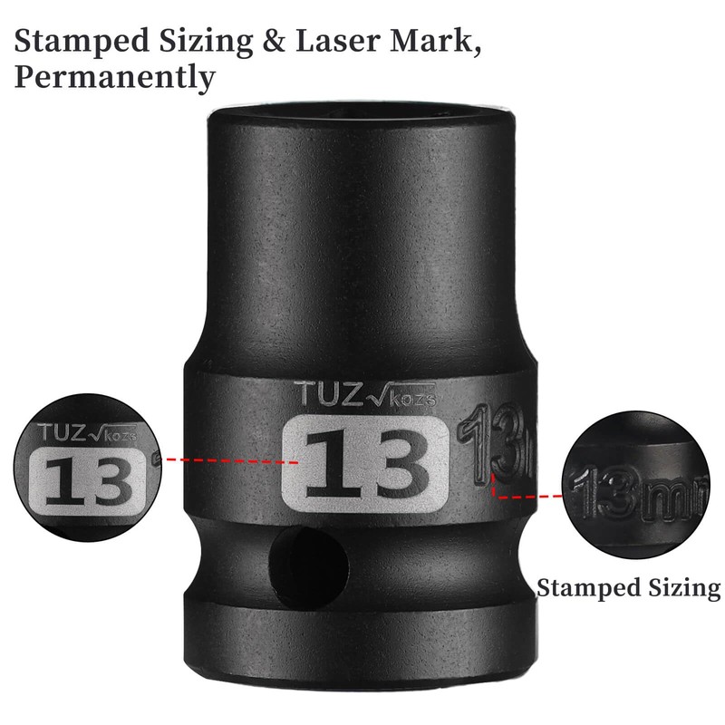 1/2 Inch Drive 13mm Shallow Impact Socket, Chrome Molybdenum Alloy