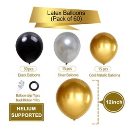 Black Gold Silver Balloons Set, 60 Pcs 12 Inch Metallic Chrome Gold Silver Balloons Black Silver Gold Balloons for Birthday, New Year, Wedding Party Decoration