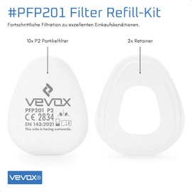 VEVOX® P2 Particle Filter Set of 10 – Protection Against Particles & Aerosols – 94% Filtration Performance for Particles & Aerosols (0.3μm) – Includes 2 x Plastic Retainers – Compatible with Vevox®