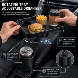 Car Cup Holder Tray for Travel – 360° Rotating Dual Cup Organizer with Adjustable Food & Phone Platform