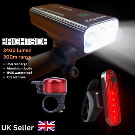 Brightside 2400 Lumen Super Bright Headlight, Rear Light & Bike Bell Combo. Easy & Secure Mounting. Up to 11hr Run Time. Excellent Bike Light & Bell Combo for all Cyclists.