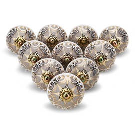FURNISHFUL FINESSE Grey Kitchen Cabinet Knobs, 6 Pack Boho Ceramic Door Knob and Dresser Wardrobe Pull Handle, Gold Cabinet Knob, Assorted for Furniture Interior Decoration - Grey, 6 Pack