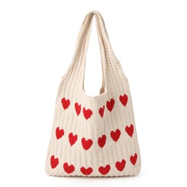 Gaudiwel Knitted Shoulder Tote Bag Large Crochet Beach Bag Hobo Bag Aesthetic Tote Handbags for Women (beige(red heart))