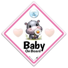 Baby On Board Sign Pink Hippo, Cute Hippo Baby On Board Car Sign, Hippopotamus Baby On Board Sign, Grandchild On Board Sign, Baby Car Sign 14 cm x 14cm
