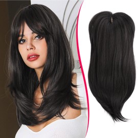 Adancyler 18" Long Layered Hair Toppers with Curtain Bangs Black Clip in Synthetic Wiglets Hair Pieces for Women with Thinning Hair