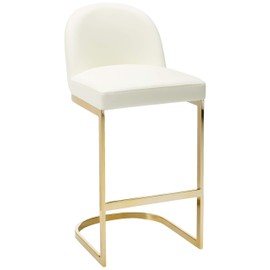 Iconic Home Xander Bar Stool Chair PU Leather Upholstered Armless Design Half-Moon Gold Plated Solid Metal U-Shaped Base Modern Contemporary, Cream