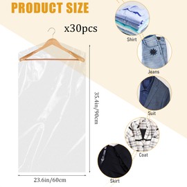 Pack of 30 Transparent Garment Bags 60 x 90 cm Plastic Clothes Protection Covers Hanging Dry Cleaning Bags Dustproof Clothes Covers for Shirt Jacket Suit Sweater
