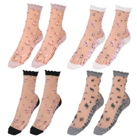 KALIONE 4 Pairs Transparent Socks Women's Thin Fine Stockings Ultra Thin Breathable Women's Socks Ankle Ruffle Mesh Socks Flower Socks Nylon Socks, sheer