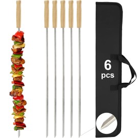 SHIKORI Professional Kabob Skewers, 24 Inch Heavy Duty Large Wide Reusable BBQ Barbecue Skewers, Stainless Steel Sticks with Nonslip Wooden (V-shape-6 Pcs)