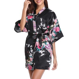 Vlazom Women Kimono Robes Satin Dressing Gown Peacock and Blossoms Sleep Lounge Nightwear Short Silk Bride Bridesmaid Robe, Black, L(UK 12-14)