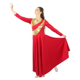 Danzcue Womens Metallic Praise Dance Dress, Metallic Bicolor Full Length Worship Dance Dress (Scarlet-Gold, 3XL)