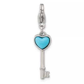 Chisel Stainless Steel Polished Simulated Turquoise Heart Key with Lobster Clasp Charm