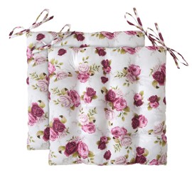 wometo Set of 2 Seat Cushion Chair Cushions 40 x 40 cm Oeko-Tex Country House Rose Motif Pink White with Ribbons / Bows for Indoor and Outdoor Use