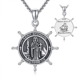 DAYLINLOVE Saint Brendan Necklace S925 Sterling Silver Saint Brendan Coin Medal Pendant Necklace Protection Jewelry For Men Women Religion Gifts