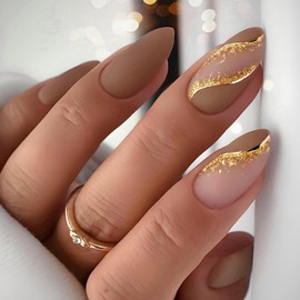Brown Almond Press on Nails Medium Fake Nails Matte Acrylic Glue on Nail Gold Line Glitter False Nails with Designs Nude French Tip Stick on Nail Full Cover Artificial Nails for Women 24Pcs