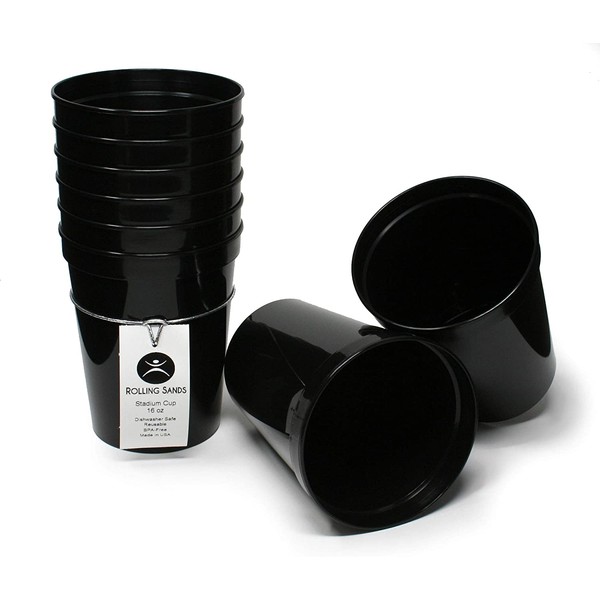 Rolling Sands 16 Ounce Reusable Plastic Stadium Cups Black, 8 Pack, Made in USA, BPA-Free Dishwasher Safe Plastic Tumblers