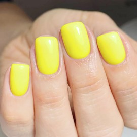 Yellow Press on Nails - Fluorescent Yellow | Short Square Fake Nails,Solid Color Acrylic Nails,Full Cover Glossy False Nails with Jelly Glue,Stick on Nails for Women | Nails Press Ons 12 Sizes-24Pcs