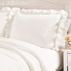 TRP 3 Piece Farmhouse Comforter Set King, French Country Shabby Chic Border Ruffled Solid Color White Bedding Plush Soft Cozy Comfy Microfiber