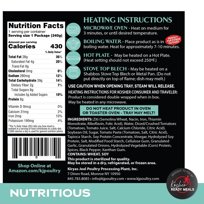 KJ Poultry Kosher Parve Ready Meals - Baked Ziti, MRE
