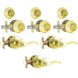 Brotima 3 Pack Exterior Door Lock Set, Double Cylinder Deadbolt with Wave Style Lever Door Handle, Polished Brass Wave Style Heavy Duty Door Lever Set for Bedroom,Exterior Doors