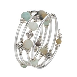 Beaded Pearl Bangle Wrap Bracelet - Fashion Bohemian Jewelry Multilayer Charm Bracelet with Thick Silver Metal Beads, Gift For Women(Green)