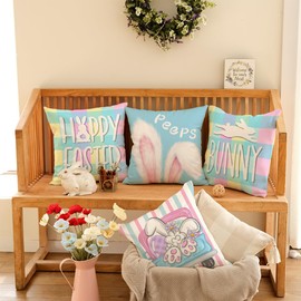 GEEORY Happy Easter Pillow Covers 20x20 Inch Set of 4, Rabbits Bunny Peeps Buffalo Plaid Striped Truck Egg Farmhouse Decorative Throw Pillowcases for Home Sofa Couch Decoration (Blue) G478-20