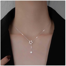 Yheakne Boho Star Y Lariat Necklace Choker Silver Crystal Star Drop Necklace Long Cz Star Pendant Necklace Minimalist Necklace Chain Jewelry for Women (Silver)