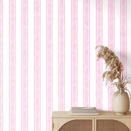 Affrolling Striped Peel and Stick Wallpaper Watercolor Stripe Self Adhesive Wallpaper Decal for Bedroom Cabinet Drawer Furniture Wall Decor, 15.75'' x 118.11''(Pink)