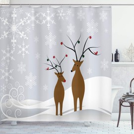 ABAKUHAUS Christmas Shower Curtain, Reindeers at Noel Time Yule with Snowflakes in Winter Santa Print, Cloth Fabric Bathroom Decor Set with Hooks, 78 Inches, Brown Pale Grey White