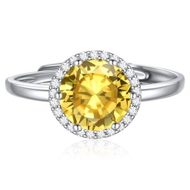 ChicSilver 8mm Round Cut Birthstone Promise Ring for Her, 925 Sterling Silver Simulated Yellow Topaz Citrine Gemstone Anniversary Wedding Engagement Band Rings for Women November Birthstone Jewelry