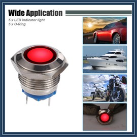 VekAuto 5 Pcs LED Indicator Light 16mm 12V AC DC Metal Shell Waterproof Pilot Dash Signal Lamp for Car Truck Boat Internal Red Auto Accessories