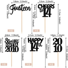 30PCS Black 14th Birthday Cupcake Toppers Glitter Fourteen 14th Straight Outta 2010 Cupcake Picks for Cheers to 14 Years 14th Birthday Wedding Anniversary Party Decoration Supplies