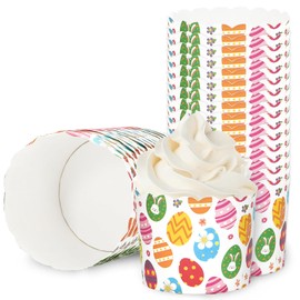 Whaline 100Pcs Easter Paper Baking Cups Easter Egg Bunny Flower Cupcake Wrappers Colorful Scalloped Edge Cupcake Muffin Cases for Easter Spring Dessert Decoration