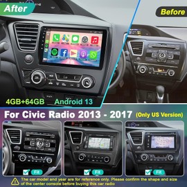4G+64G Car Radio for Honda Civic 2013-2017(Only US Version) with Wireless Carpaly & Android Auto,9 Inch IPS Touch Screen Car Stereo with GPS Navigation/Bluetooth 5.2/FM/Backup Camera/WiFi/SWC/HiFi
