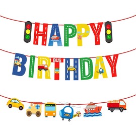 Transportation Happy Birthday Banners Car Bus Train Plane Ship Helicopter Traffic Light Photo Props Garland for Kids Birthday Party Baby Shower Decoration Supplies