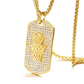 PEAS 18K Gold Plated Jewelry Basketball Hoop Dog Tag Pendant Iced Out Crystal Necklace,22" Box Chain