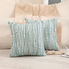 Tosleo Boho Throw Pillow Covers 18x18 Set of 2 Farmhouse Decorative Cushion Case Blue Striped Square Pillows Cover Modern Chenille Pillow Cases Accent Neutral Pillowcase for Sofa Couch Bed