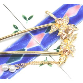 Miaomyao Hairpins, Bee Shape, Two Legs, Kimono, Tomesode, Hair Ornament, Metal, Antique, Maple Leaf, Flower, Pearl, Zirconia, U-Shaped Comb, Pink Gold, Hair Accessories