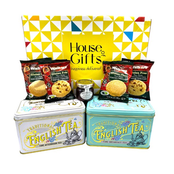 Gluten Free Hamper Biscuits & Shortbread Snacks Tea Gift Box with Jam For Her or Him | Coeliac Friendly | The Gift of Choice inc Tea Tins, Shortbread & Jam!