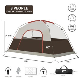 CAMPROS CP Tent 8 Person Camping Tents, Waterproof Windproof Family Dome Tent with Top Rainfly, Large Mesh Windows, Double Layer, Easy Set Up, Portable with Carry Bag - Brown