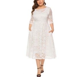 Eternatastic Womens Scooped Neckline Floral lace Top Plus Size Cocktail Party Midi Dress 5XL White
