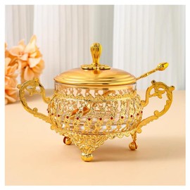 Primst Sugar Bowl with Lid and Spoon, Gold Glass Spice Jar Candy Jar Set for Kitchen Coffee Bar and Wedding Party (C)