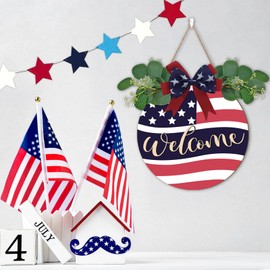 Aurlan 4th of July Door Hanger,Fourth of July Welcome Sign,Independence Day Wall Decoration,Patriotic American Flag Bow Decor for Front Door,Red White Blue Star Sign for Home Outdoor Porch Yard Office