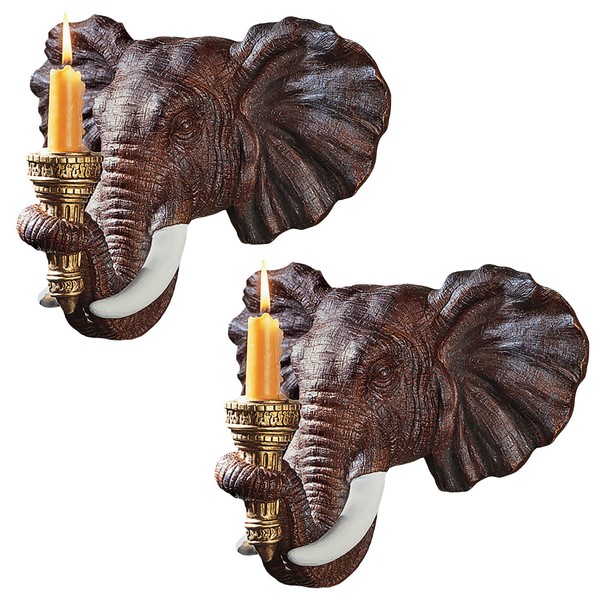 Design Toscano NG930614 Elephant African Decor Candle Holder Wall Sconce Sculpture, 12 Inch, Set of Two, Polyresin, Full Color,Set of 2