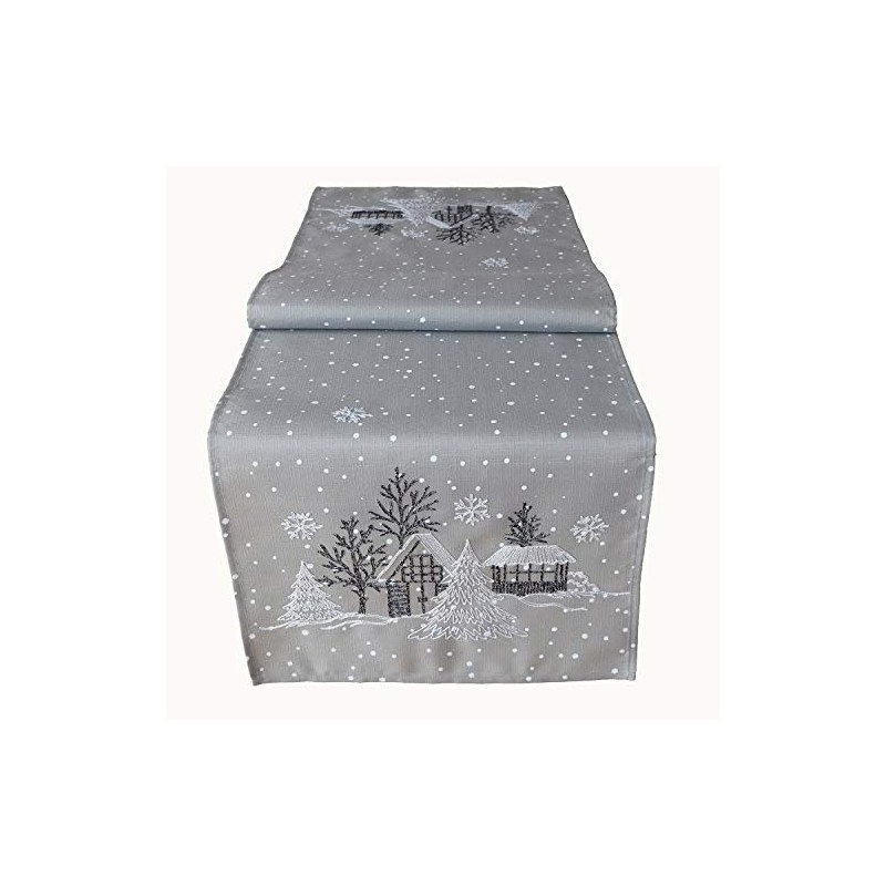 Raebel OHG Table Runner Embroidery Winter Village Fir Christmas White