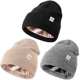 3 Pack Satin Lined Winter Beanie Hats for Women Men,Silk Lined Womens Beanies Knit Soft Warm Cuffed Hat Color 1