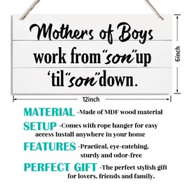 Mother Sign Gift, Hanging Wood Plaque with Rope, Decorative Wood Wall Plaque, Farmhouse Home Decor, Mother's Day Gift for Mothers, Mom Gift from Son, Mothers of Boys Work From Son Up Til Son Down